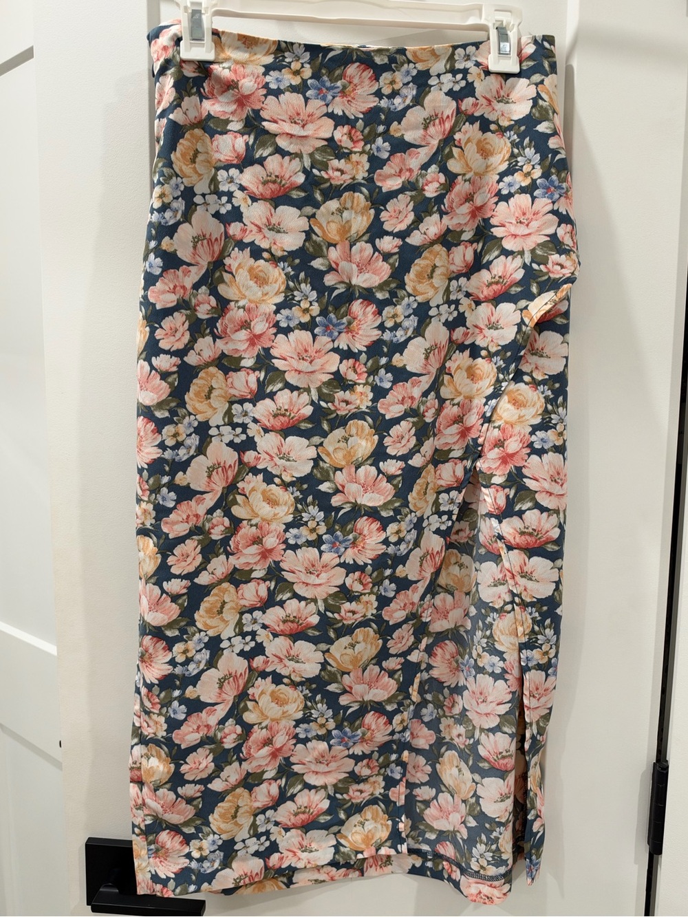 Abercrombie & Fitch Navy Floral Midi Skirt with Pink and Cream Blooms